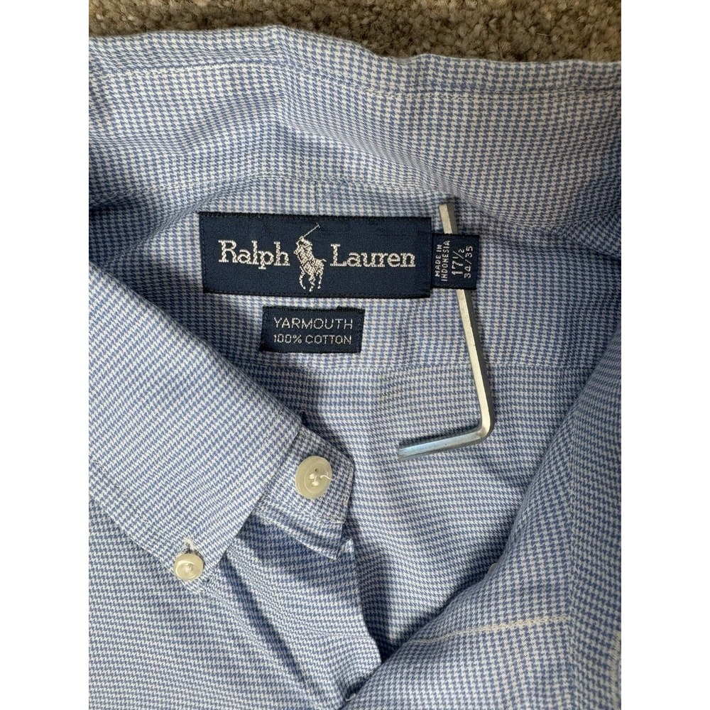 Polo Ralph Lauren Men's Button Up Shirt Yarmouth 17.5 34/35 Houndstooth Blue - Picture 4 of 6